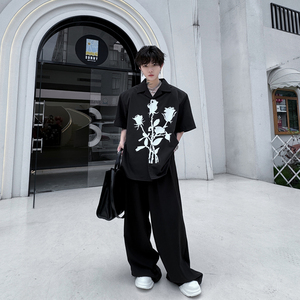 新中式高级感古巴领衬衫男个性印花短袖衬衣流行上衣潮 H2138 P75图片