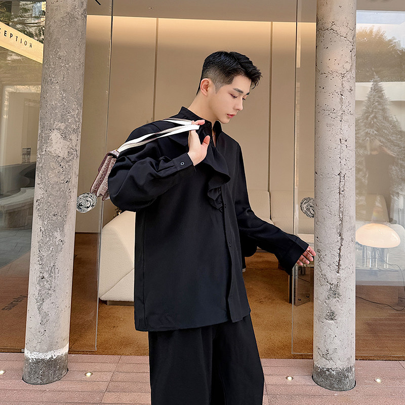 法式气质设计感立领长袖衬衣男宽松发型师衬衫韩版潮牌H2088P75，男装衬衫，电商A254