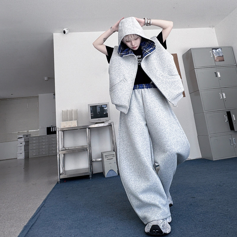 时尚博主连帽无袖马甲一套弯刀休闲裤阔腿裤套装男女H2235P200,男装休闲套装,星座1114（原A254）