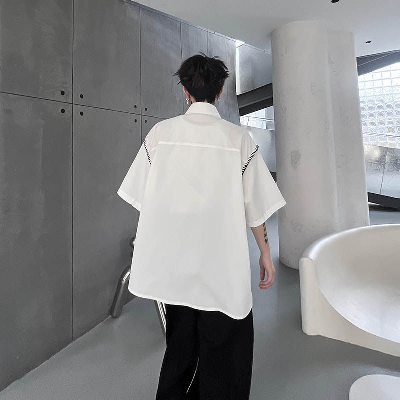 夏季设计感黑白撞色线短袖衬衣男宽松高级感衬衫潮H1892P70,男装衬衫,星座1114（原A254）