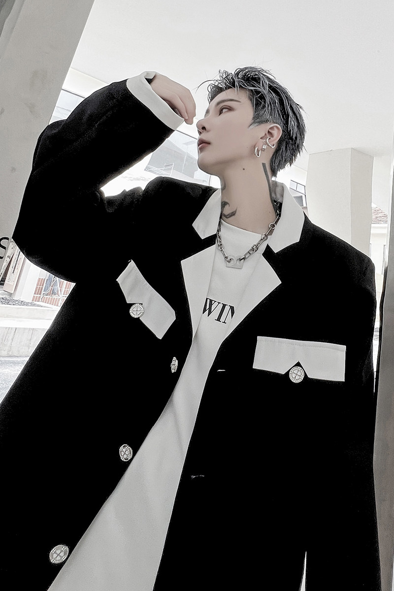 ins网红博主小香风黑白拼接西装外套男中性高级感西服H1772P125,男装西服套装,星座1114（原A254）