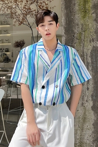 高级感网红发型师西装领短袖薄款西服垫肩克莱因蓝西装H1619 P90图片