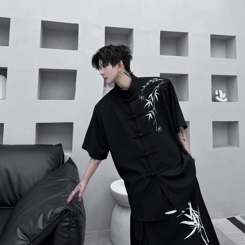 新中式立领盘扣高级感衬衣男风竹子绣花衬衫发型师潮H2150P85,男装衬衫,星座1114（原A254）