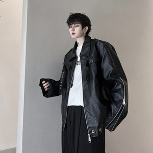 小众解构设计师款PU皮衣夹克外套男金属高级机车服潮流H1976 P135图片