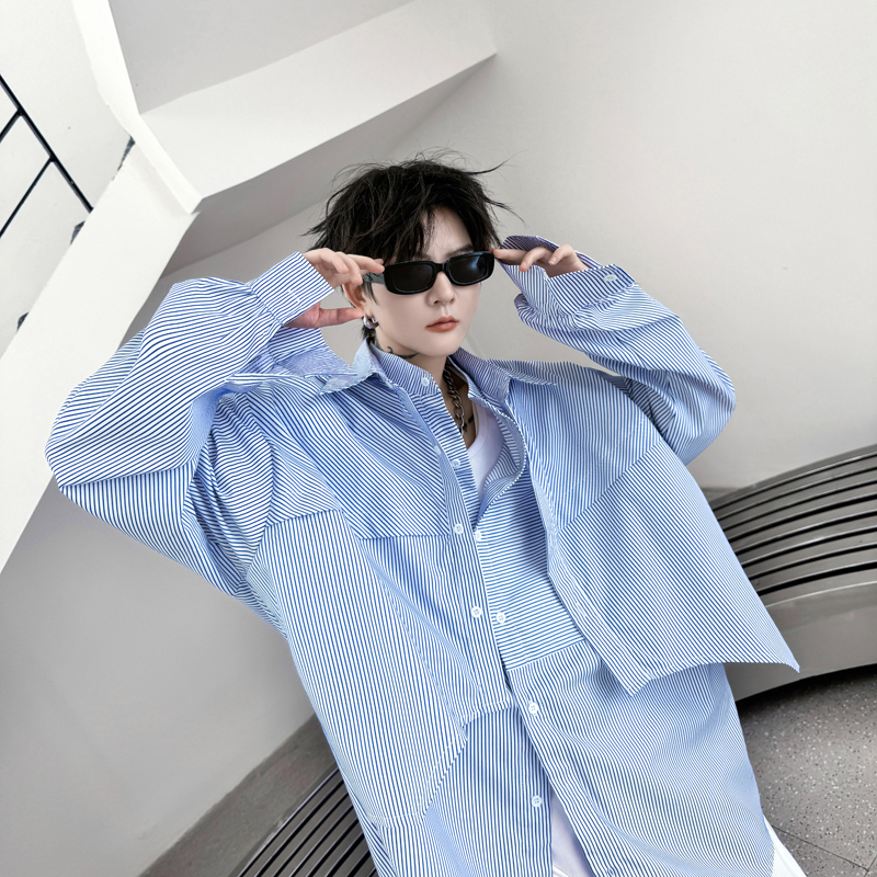 高级感韩系假两件条纹衬衫男女装宽松长袖衬衣潮H2181P85，男装衬衫，电商A254