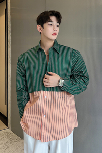 ins网红条纹拼接撞色复古衬衫男高级设计感长袖衬衣潮流H1668 P80图片
