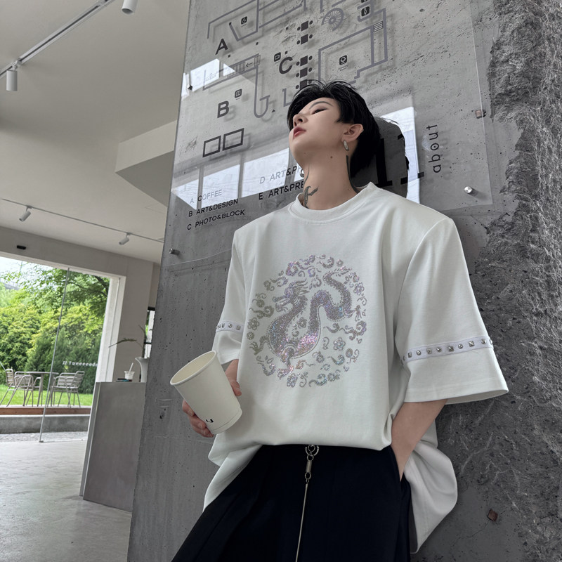 新中式烫钻压花铆钉织带T恤男装夏季短袖宽松体恤高级感H8012 P80图片