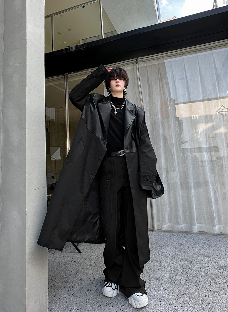 常规袖长款拼接潮中长款薄款风衣大衣韩版宽松帅气春秋百搭黑色，男装风衣，星座1114（原A254）