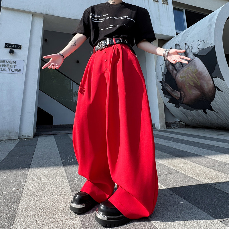 美式弯刀红色阔腿裤男女显瘦休闲裤垂感休闲拖地长裤潮H2265P90,男装休闲裤,星座1114（原A254）