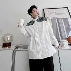 ins网红小众走秀款印花拼接衬衫男明星同款设计感衬衣 H1696 P75图片