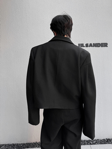山本风短款西装外套男简约垫肩黑色西服走秀款上衣潮流H2100 P125图片
