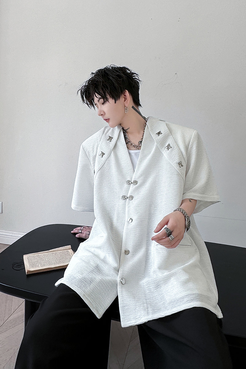 新中式金属扣小众西装男短袖设计感上衣夏季半袖西服H8018P125,男装西服,星座1114（原A254）