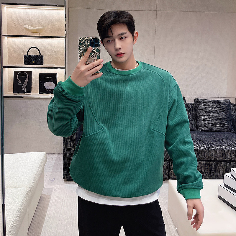 ins灯芯绒绿色卫衣男韩版潮流圆领炸街宽松情侣外套 H1568 P80图片
