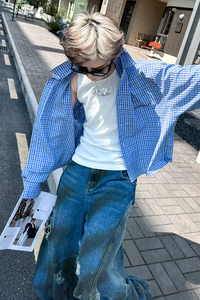时尚百搭休闲超短蓝格子衬衫韩版潮流 H2262 P75图片