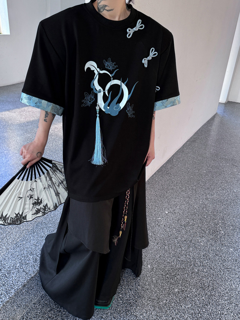 新中式圆领盘扣撞色T恤男装出游风流苏短袖上衣体恤衫H8003P85,男装T恤,星座1114（原A254）