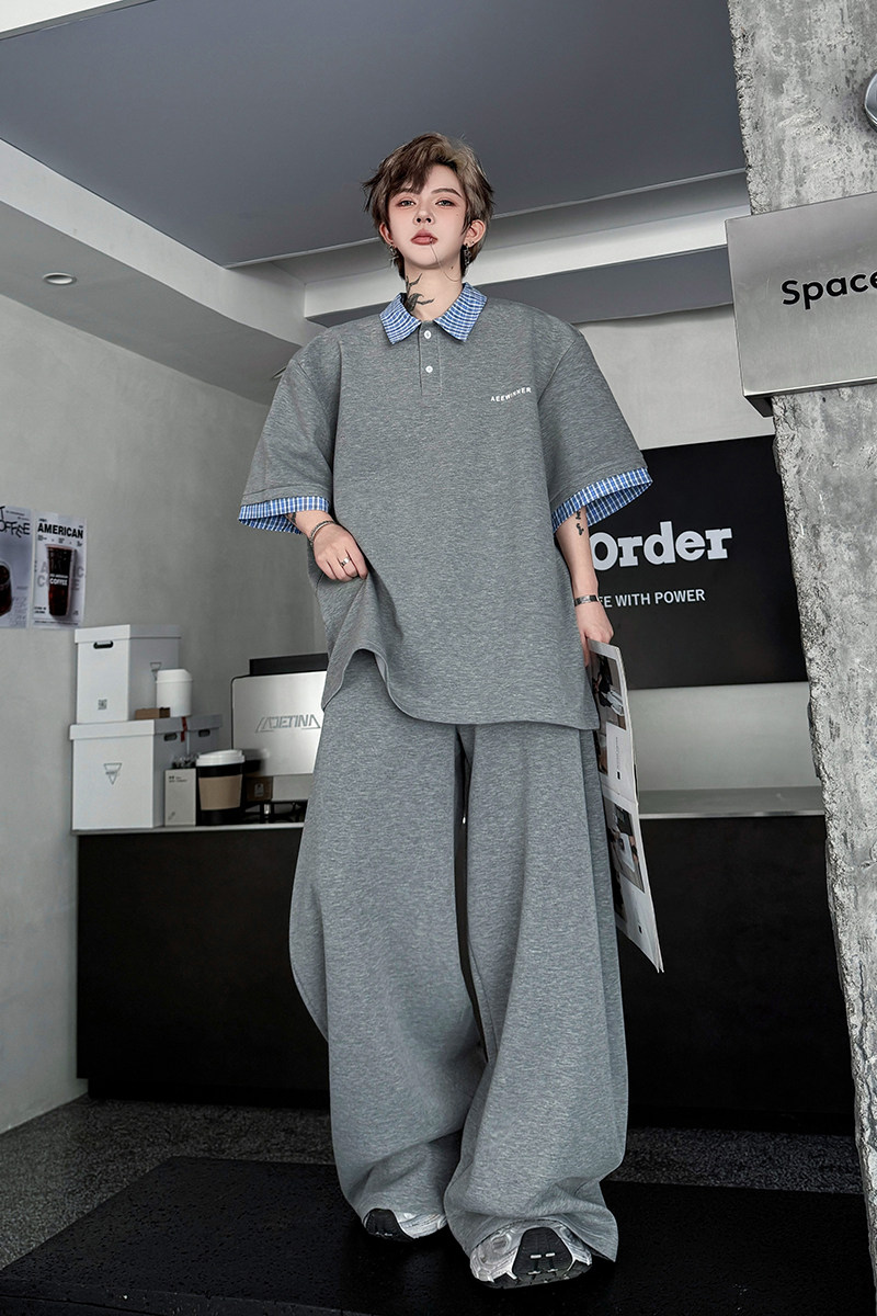 假两件拼格子POLO领短袖T恤套装一套衣服弯刀裤潮H2260P175,男装休闲套装,星座1114（原A254）