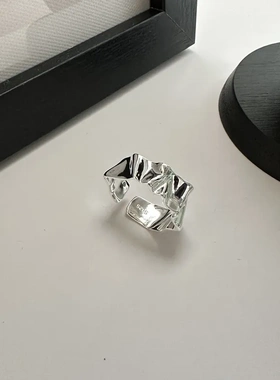 S925纯银褶皱戒指日系简约小众设计时尚甜酷风不规则纹理开口指环