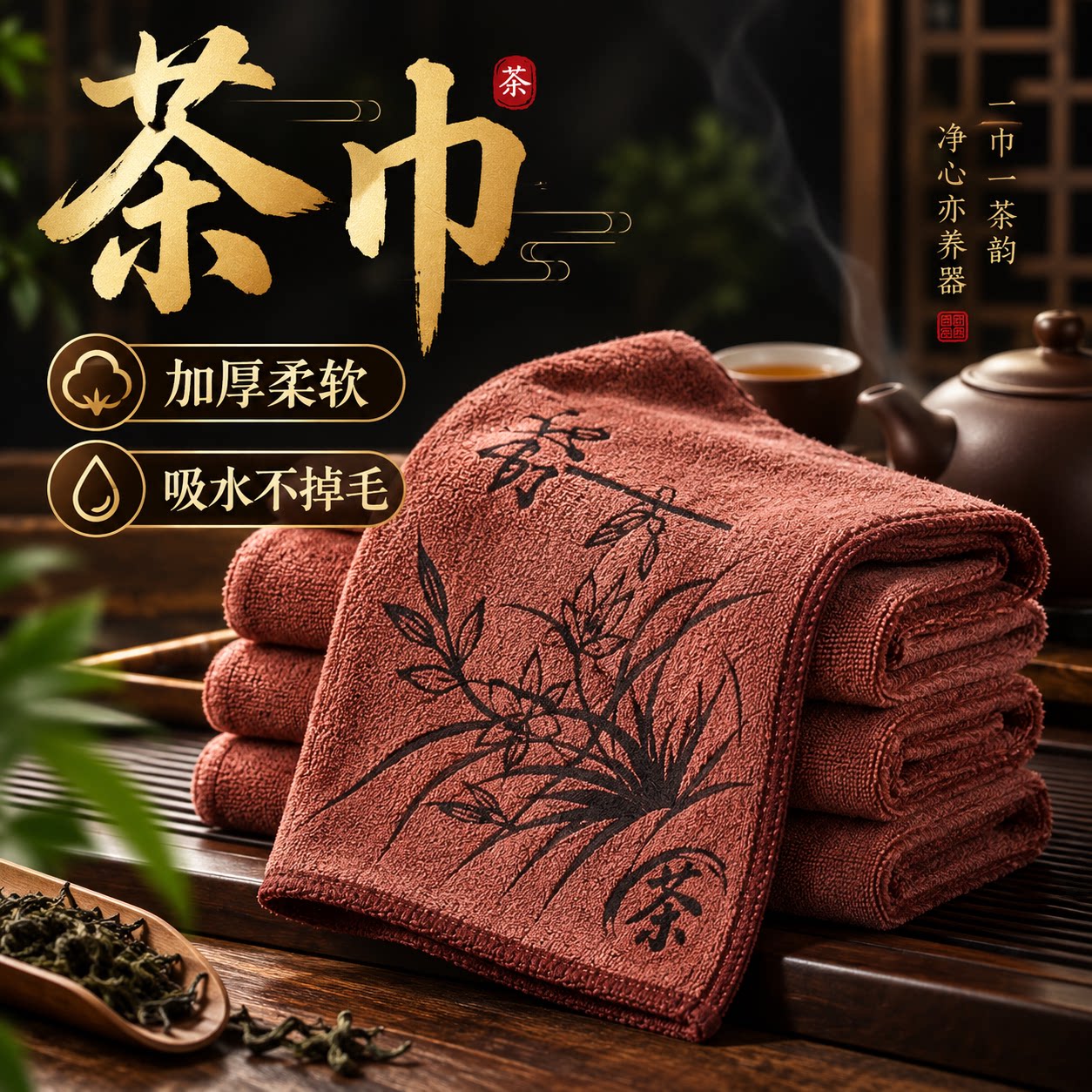 高档加厚6倍吸水禅意功夫茶巾