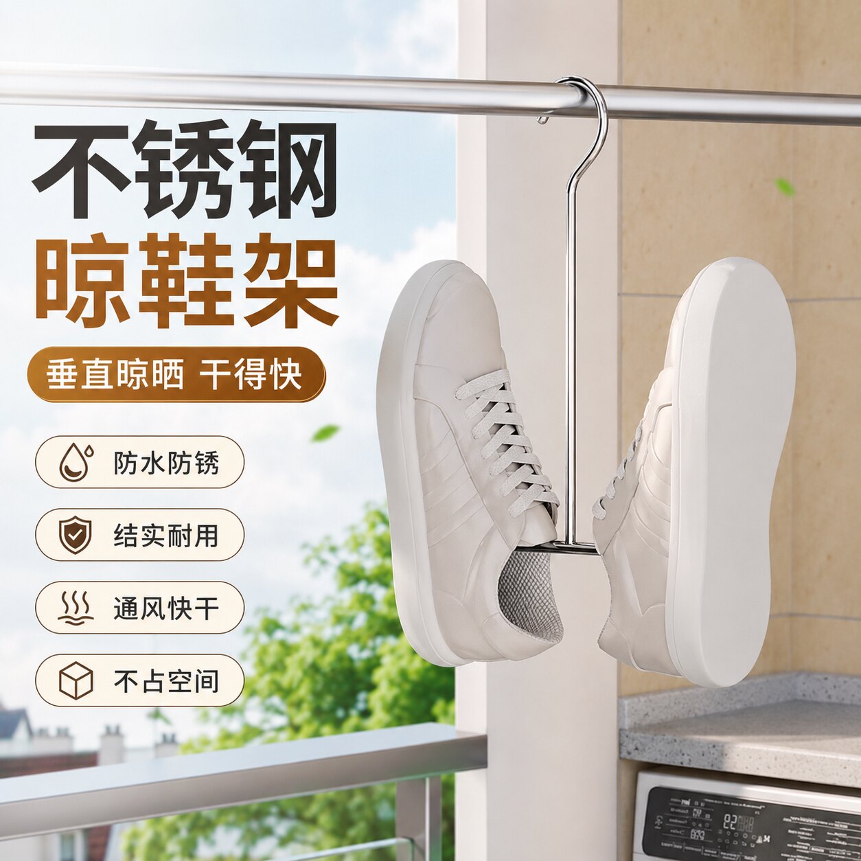 加粗不锈钢免打孔防风晒鞋架