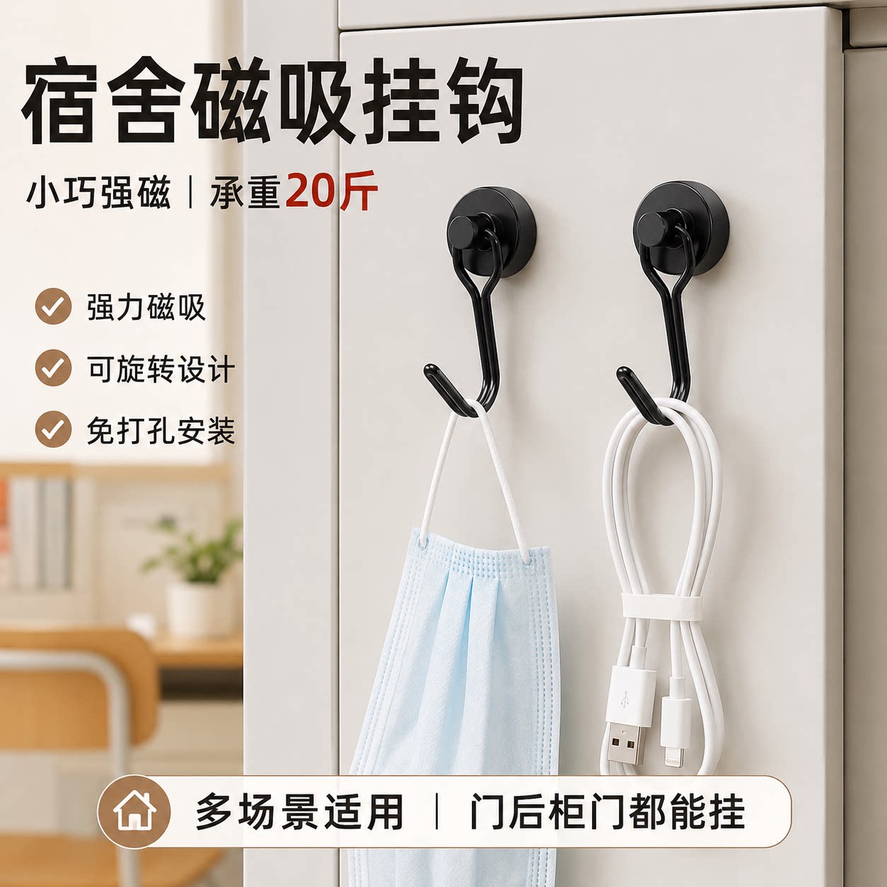 磁吸挂钩免打孔壁挂式无痕冰箱磁铁钥匙挂钩创意门后吸铁磁力粘钩