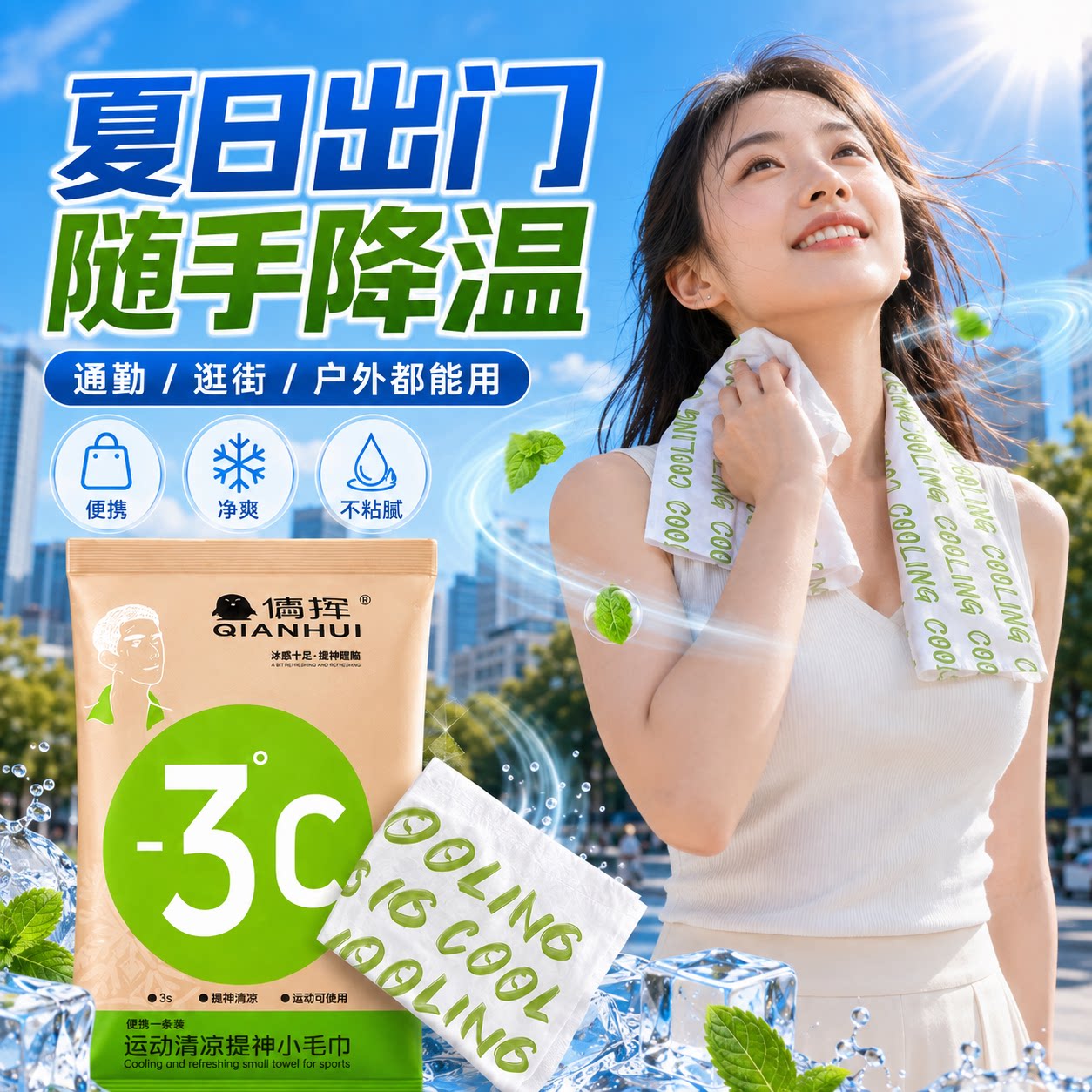 薄荷冰感清凉湿巾运动防暑去汗