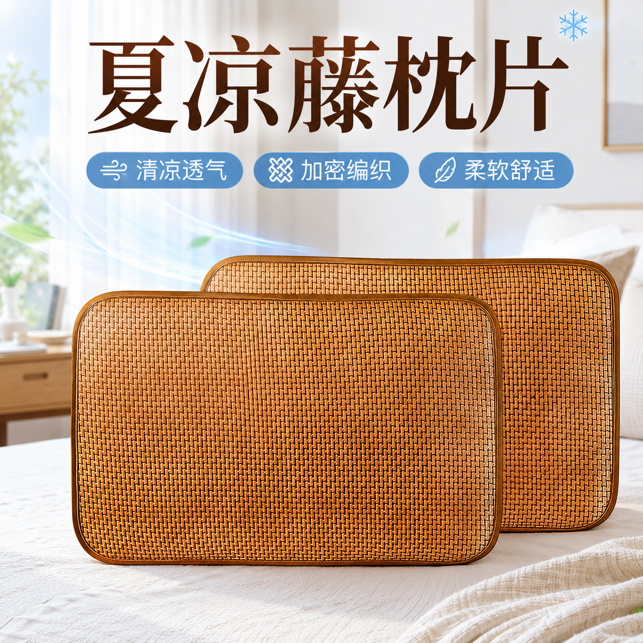 夏季冰丝藤席枕套一对清凉透气