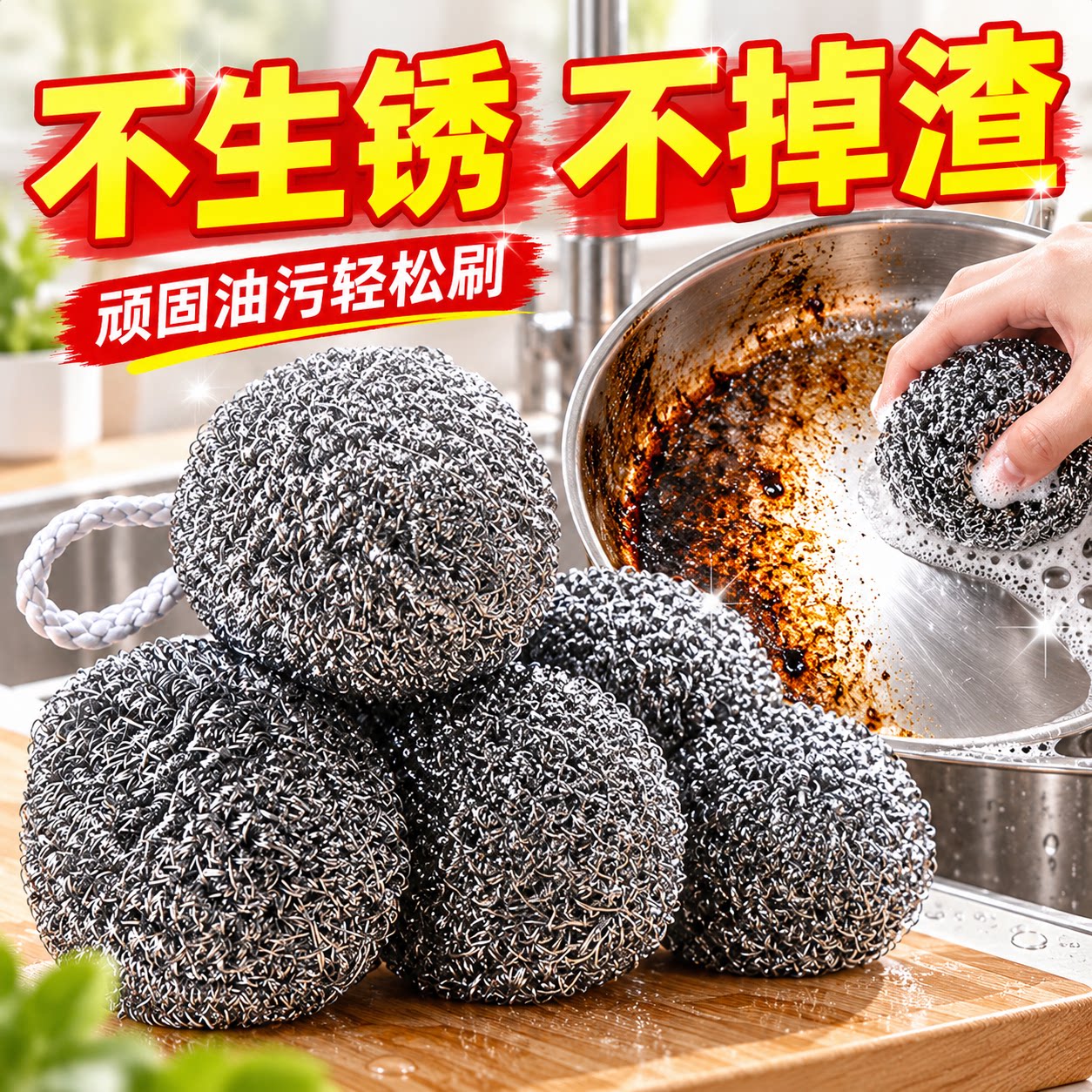 钢丝球自带挂绳不锈钢清洁球不掉丝不生锈家用厨房刷铁锅洗碗神器