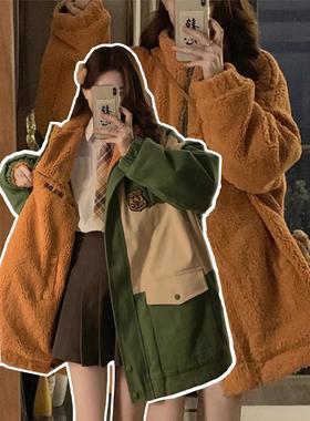 大码女装双面穿绿色派克服外套女冬季新款胖mm加厚保暖羊羔毛棉服