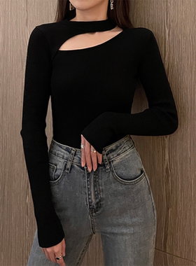 黑色镂空打底衫女秋冬设计感小众毛衣内搭锁骨挂脖针织衫心机上衣