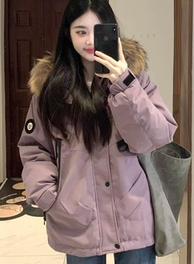 派克服棉服女款2025新款冬季连帽大毛领工装加绒加厚紫色棉衣外套