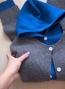 法国灰色假两件套头针织春秋季女装开衫，高端富富宽松外套上衣