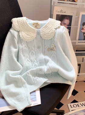 蓝色甜美娃娃领可爱针织开衫女学院风日系穿搭毛衣外套奶乖上衣秋