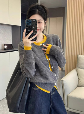 灰色设计感假两件针织开 衫女春秋高级感上衣开 春韩系穿搭毛衣外
