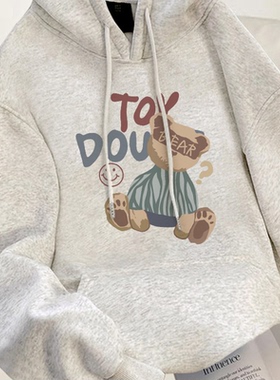 灰色小熊连帽加绒卫衣女款2025冬季新款爆款宽松大码上衣加厚帽衫