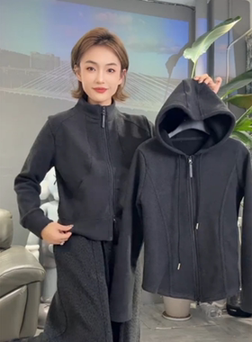 欧货灰色加绒连帽卫衣外套女2025秋冬新款设计感收腰显瘦拉链开衫