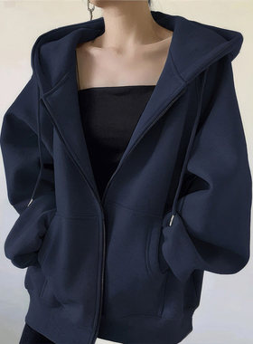 藏蓝色卫衣外套女秋冬季加绒加厚2025新款爆款韩系慵懒风拉链上衣