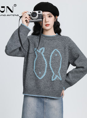 灰色复古圆领加厚毛衣女2025春秋新款软糯宽松套头内搭针织衫上衣