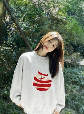 白灰色圆领卫衣女无帽2025新款爆款秋冬加绒加厚长袖早秋宽松上衣