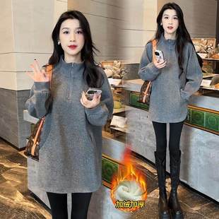 加绒加厚小个子卫衣女2024秋冬新款时尚中长版宽松显瘦打底衫上衣