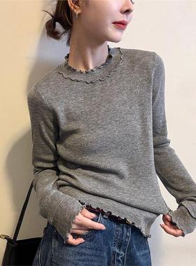 韩系灰色木耳边假两件针织打底衫女秋冬设计感修身显瘦内搭上衣厚