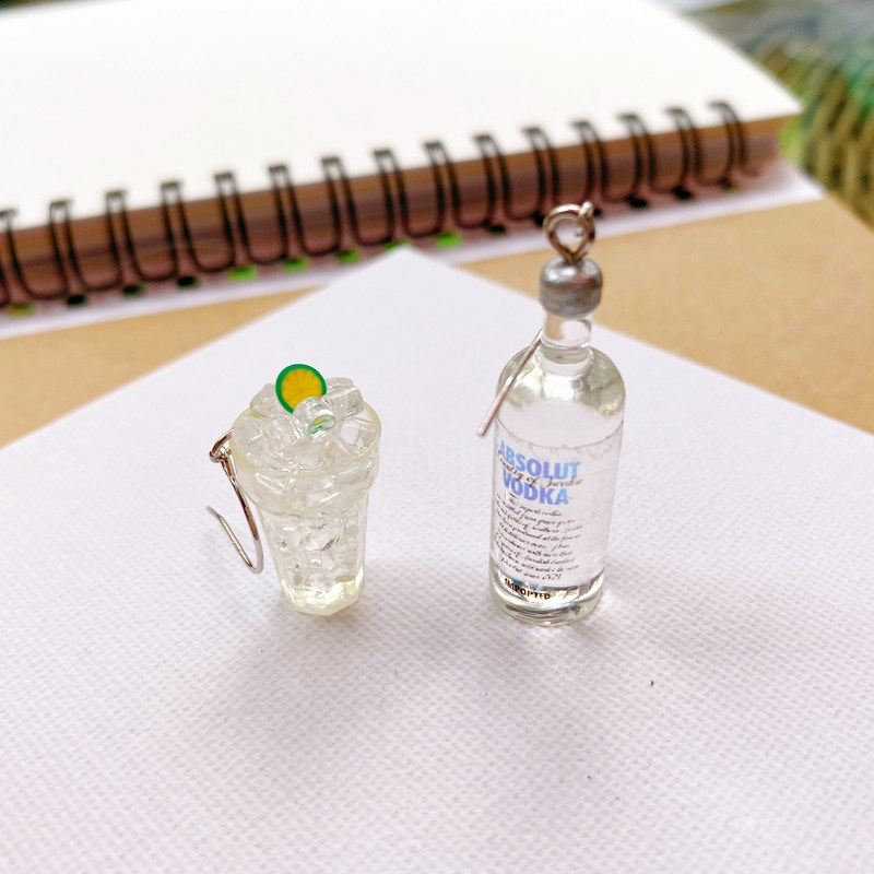 加冰酒瓶酒杯创意耳环银耳钩独特耳饰潮小众网红柠檬水不对称耳坠