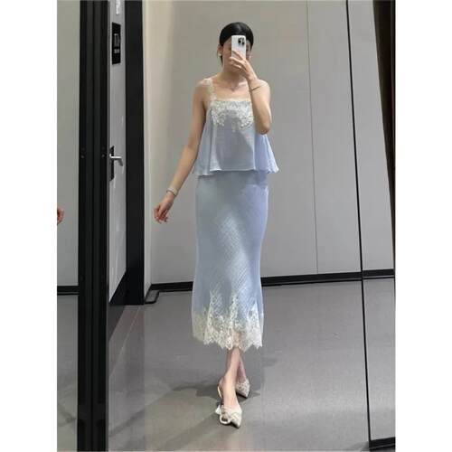 ZA 8741102 8741103 欧美风蕾丝中长裙与吊带上衣蓝色美裙