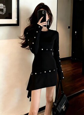 实价有货韩系辣妹风黑色长袖连衣裙小个子气质收腰显瘦包臀裙子