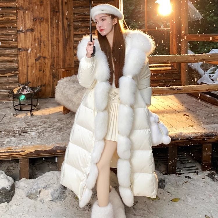 鹅绒新款加厚冬季胸前毛领长款过膝羽绒服2025宽松长毛领外套高级