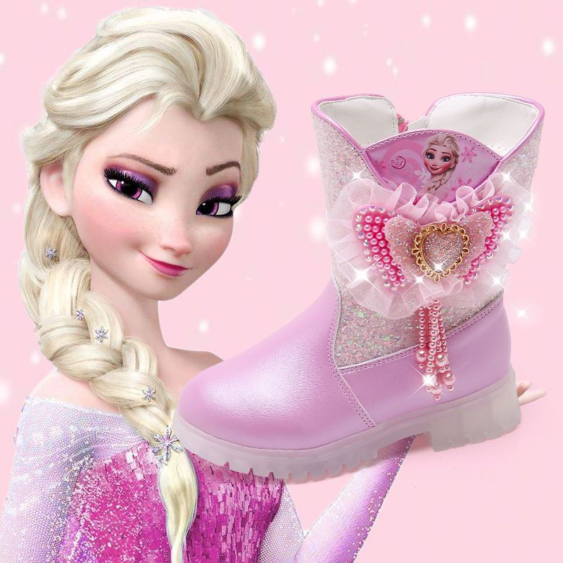 女童靴子秋冬新款冰雪奇缘爱莎公主靴加绒女孩中筒短靴马丁靴洋气