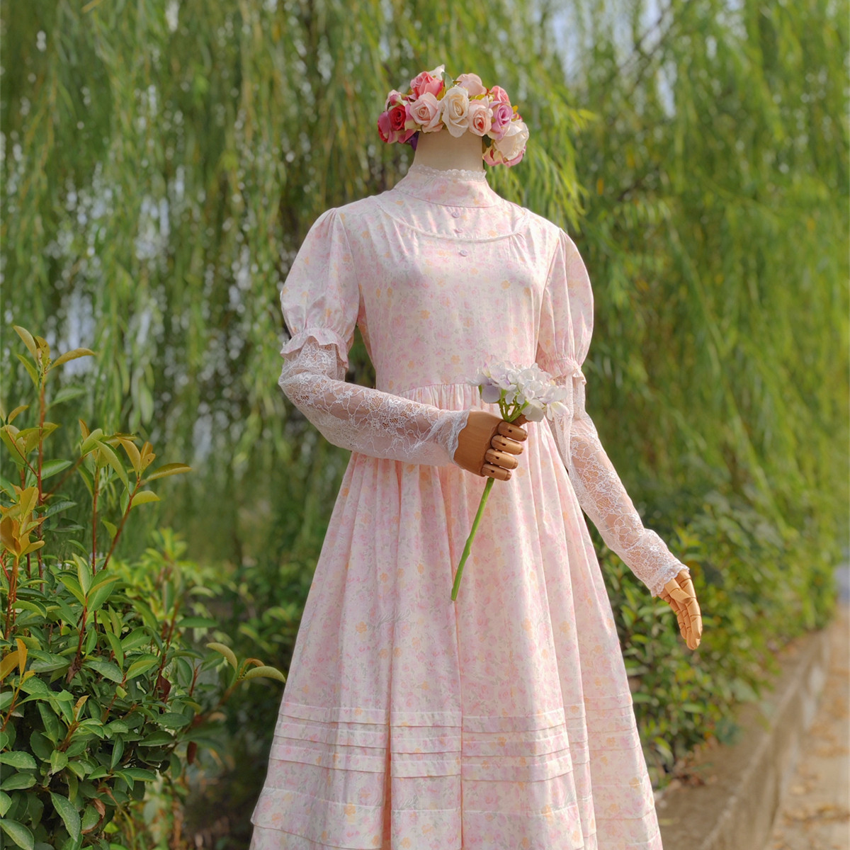 兔子大人|手作服 vintage复古黄色纯棉蕾丝拼接假两件长袖连衣裙