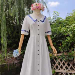 兔子大人｜手作服 vintage80年代美式复古海军领白色纯棉连衣裙
