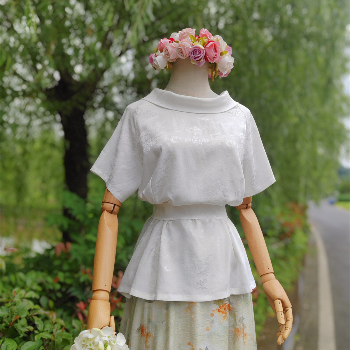 兔子大人|手作服 vintage复古法式滚边领仿真丝醋酸提花衬衫上衣