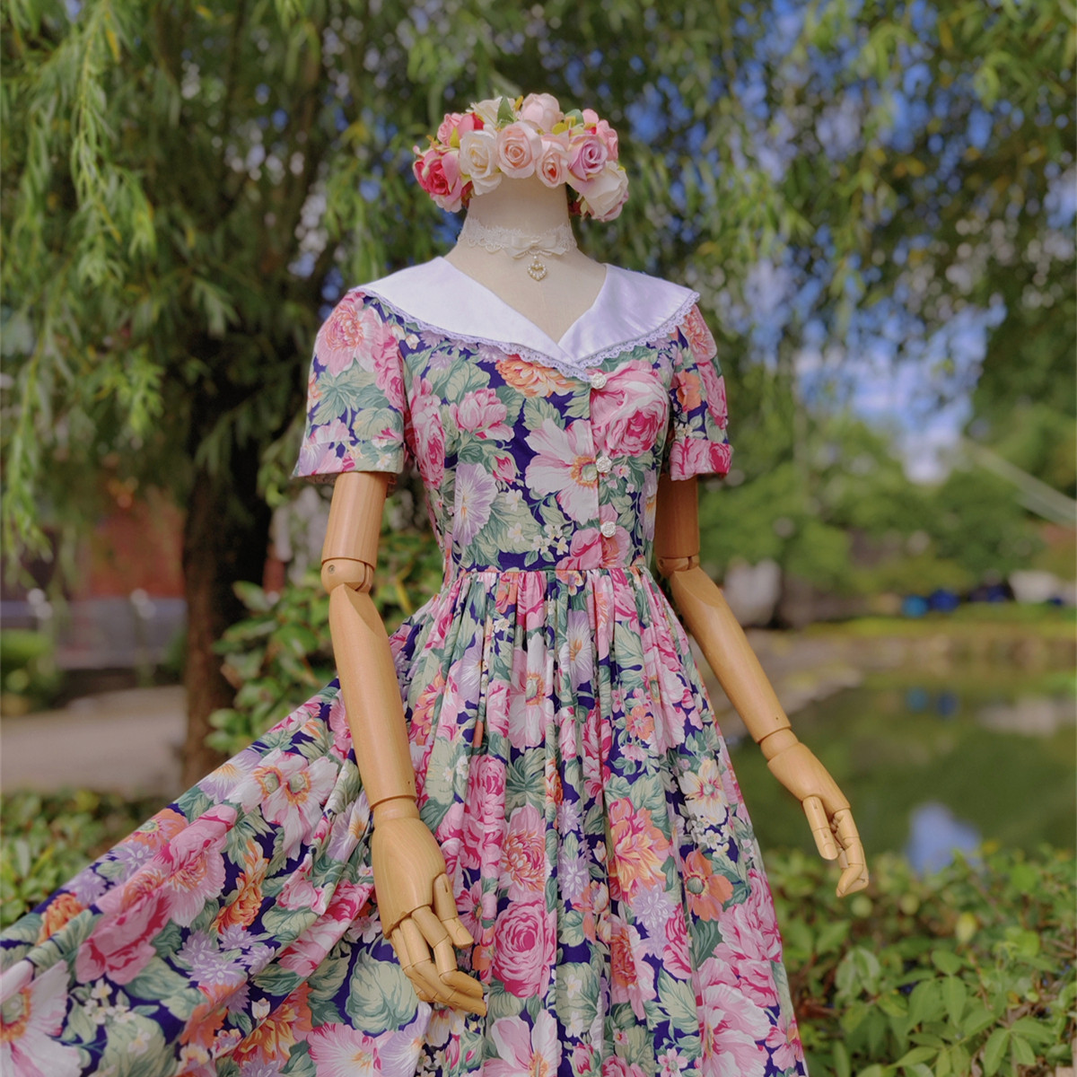 兔子大人|手作服 vintage复古昭和风白色大翻领纯棉大花连衣裙