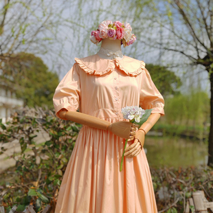 兔子大人｜手作服 贡缎棉 法式元气橙色大娃娃领开襟短袖连衣裙